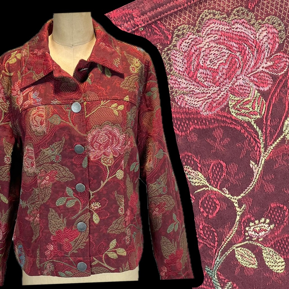 VINTAGE woven tapestry jacquard brocade jacket button up floral‎ Victorian rose